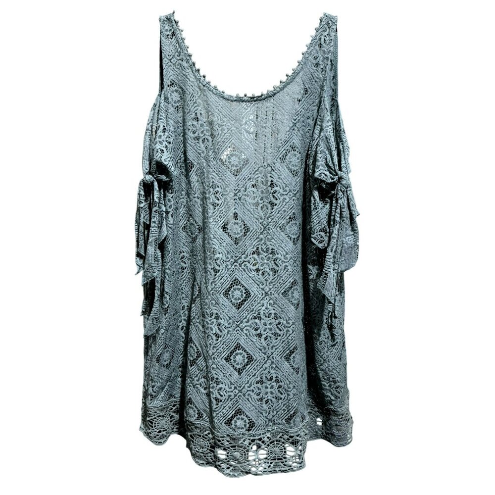 Free People Geo Sands Lagoon Green Crochet Lace Cold Shoulder Top BoHo Small NEW